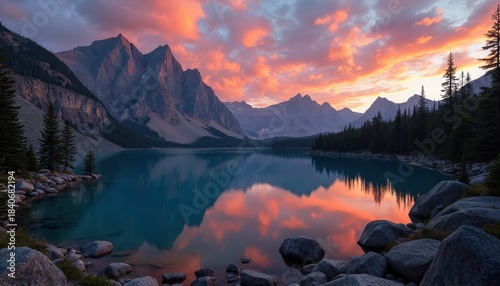 Jagged mountain peaks reflect in calm lake water at sunset. Orange clouds streak sky above pine forest. Rocky shorefront offers serene natural beauty.
