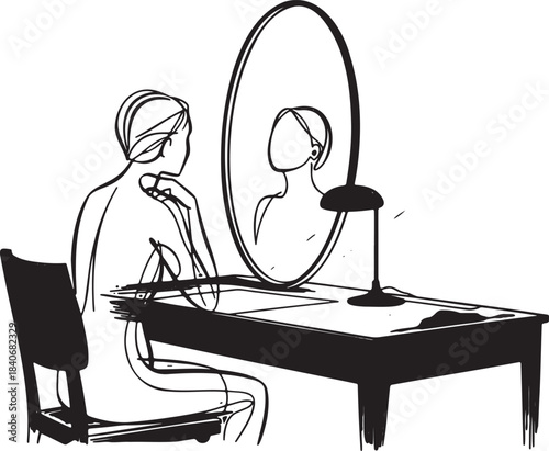 Woman sitting at vanity table looking in mirror one continuous line drawing minimalism concept vector illustration