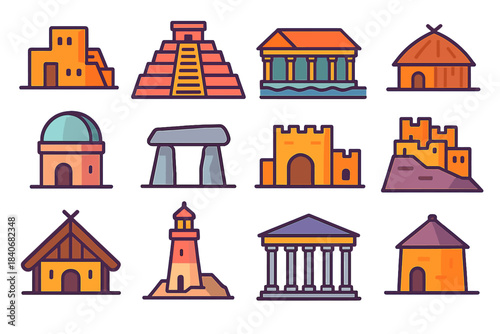 Architectural Legacy Icons. Architectural Legacy Symbols flat set: adobe dwelling, stepped pyramid, riverfront stoa, tribal longhouse, domed observatory, stone dolmen, desert