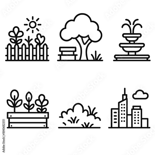 Urban Nature Icons. City Nature Spots linear set: community garden, shaded tree, water fountain, planter box, grassy patch, urban horizon.