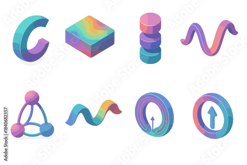 Colorful Magnetic Waveforms. Planetary magnetic wave forms flat isometric set: magneto-arc, plasma curve tile, resonance bar, oscillation band, drift node, wave ribbon, field loop