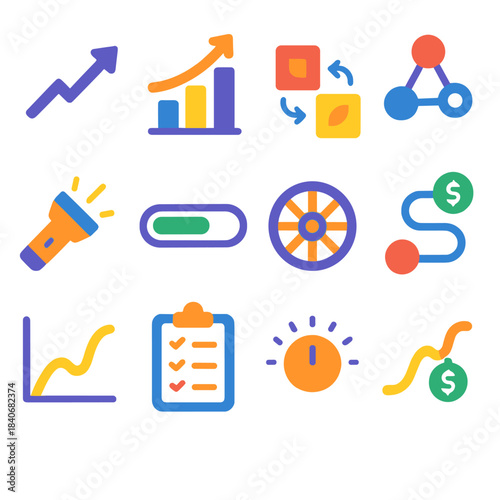 Evolving Financial Icons. Evolving Financial Practices flat set: trend arrow, routine chart, shifting categories, transaction nodes, clarity beam, progress bar, rotating wheel,