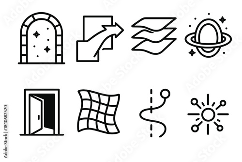 Dimensional Transition Icons. Dimensional Transition Themes linear set: portal arc tile, shifting-plane arrow, layered reality band, phase-shift ring, threshold doorway icon,