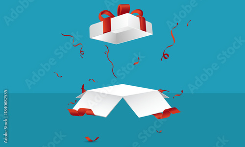 Surprise Open Gift Box with Flying Lid and Red Confetti Explosion, White Present Unboxing