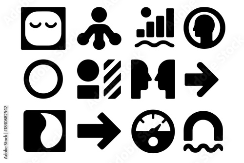 Brutalist Office Icons. Thoughtful Office Culture silhouette set: calm-space tile, mindful-attention node, steady-rhythm bar, clarity lens ring, pause cue dot, low-stim stripe,