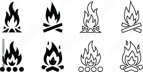 campfire bonfire symbol icon set wood fire flame glyph line vector