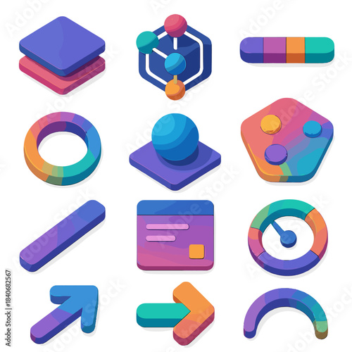 Cognitive Engagement Icons. Cognitive Engagement Frameworks flat isometric set: deep-focus tile, task node, attention bar, flow-ring, immersion cue dot, mental load patch, focus