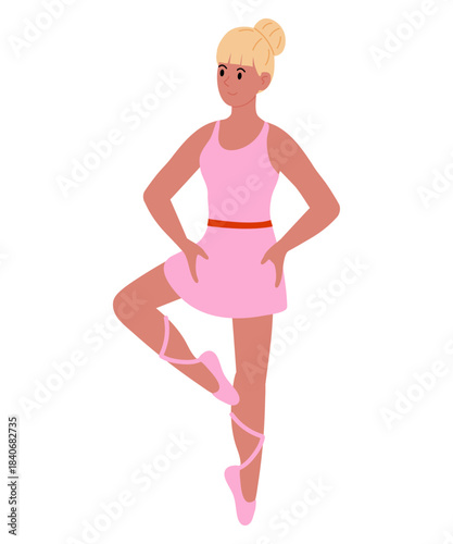 Woman in ballet pose, Cartoon-style illustration. She wearing pink leotard and tights. Ballet dancer. Professions collection