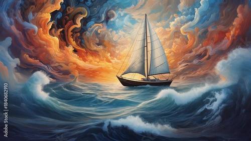 A majestic sailboat navigates a stormy sea under a vibrant, swirling sky in a dramatic, painterly style.