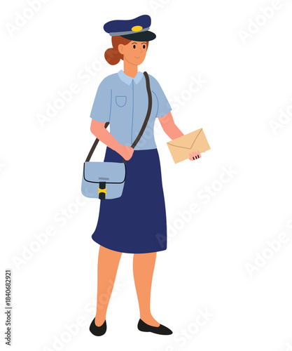 Cartoon-style illustration of woman dressed as postal worker. Blue uniform. She holding bag and envelope. Professions