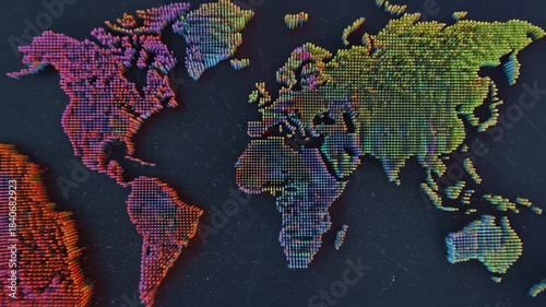 A vibrant, textured world map showing continents in various colors, possibly made of small blocks or pixels, on a dark background.