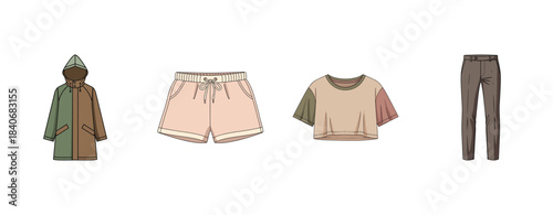 Stylish casual clothing collection with coat, shorts, crop top, and pants