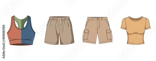 Colorful sports bra and beige shorts selection with t-shirt