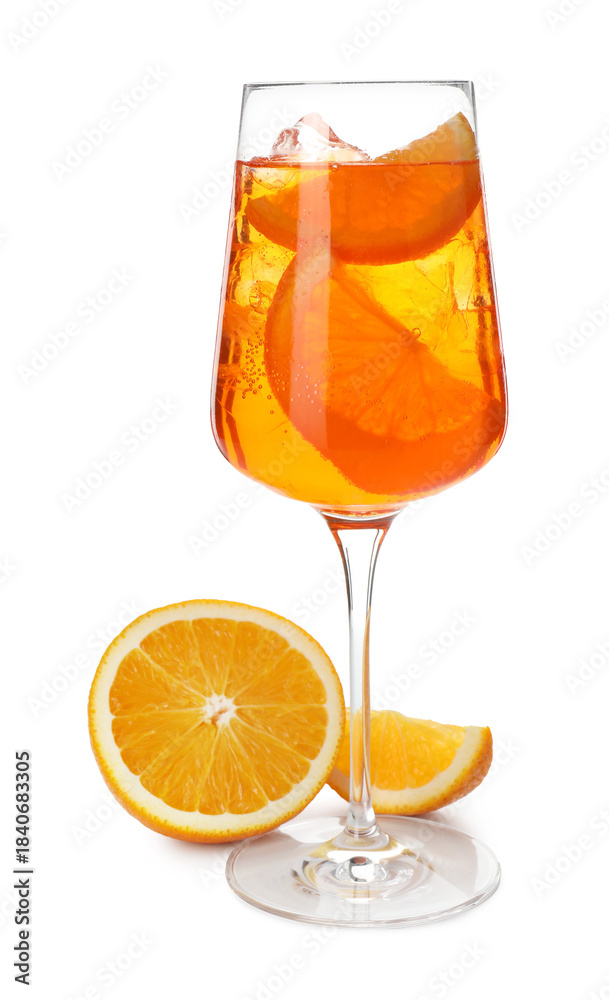 Fototapeta premium Glass of refreshing spritzer cocktail and orange slices isolated on white
