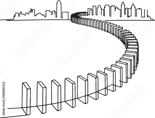 Continuous Line Skyline Styled as Cascading Dominos Minimal Artistic Illustration