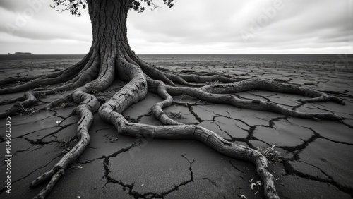 Gnarled, ancient tree roots emerge from cracked, barren earth. A stark black and white landscape stretches into the distance, emphasizing the roots' struggle and resilience.
