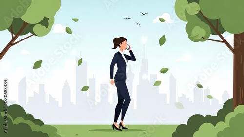 Animated Businesswoman Walking in City Park Talking on Phone.