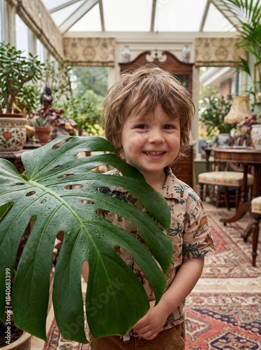 Child hiding behind palm leaf and smiling in a sunlit conservatory  