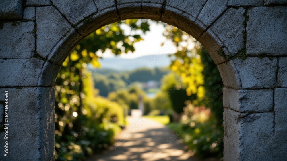 Obraz premium A stone archway frames a path receding into distance. Sunlight filters through blurred foliage. A sense of quietness and a glimpse of a distant, hazy landscape evoke a feeling of hopeful perspective.