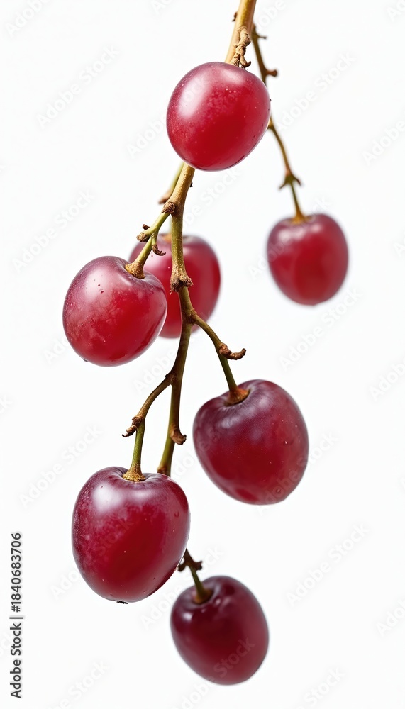 Obraz premium Several red grapes hang on thin branches against white backdrop. Berries are plump and smooth. Ripe fruit appears fresh and juicy ready for consumption. Isolated red grapes with clipping path detail.