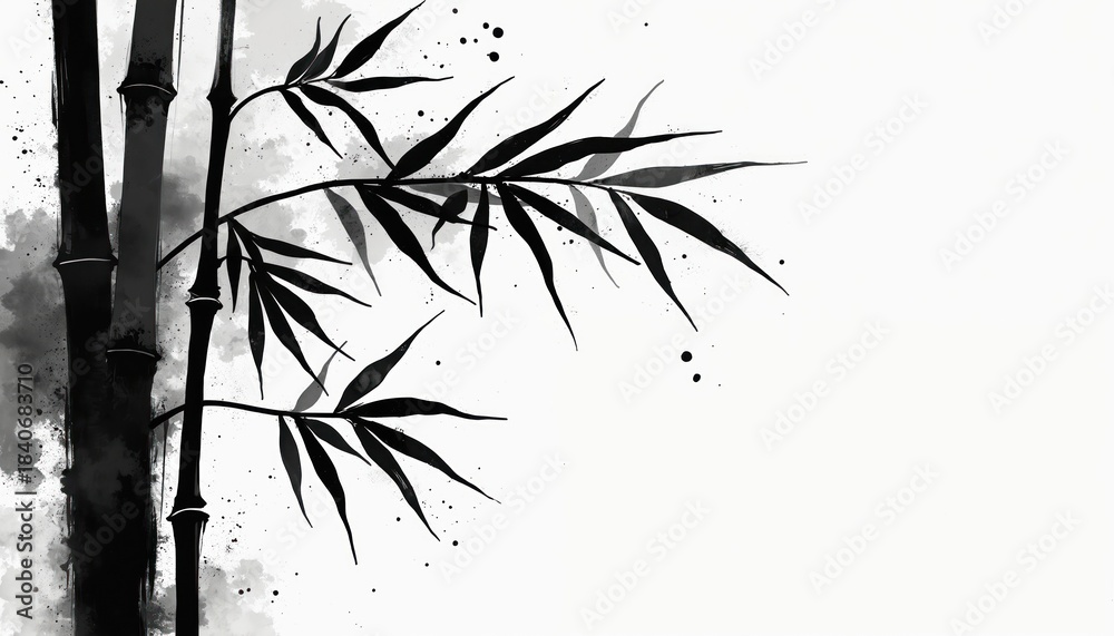 Obraz premium Bamboo ink painting with black ink splashes. Artistic sumi-e illustration of bamboo forest with leaves. Black-and-white artistic drawing with watercolor effect.