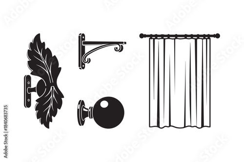 Decorative curtain rod hardware and draped fabric illustration