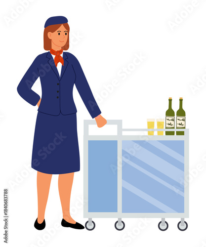 Flight Attendant Serves Drinks on Airplane While Smiling and Standing Next to Beverage Cart. Profession collection.
