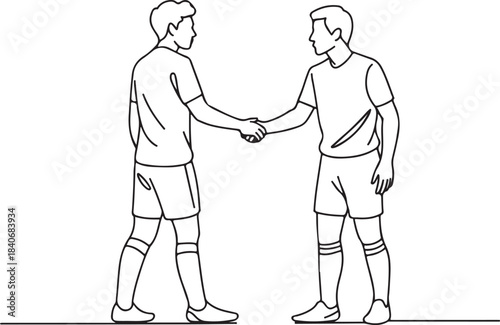 Continuous line art illustration of players shaking hands after a match in minimal contour drawing