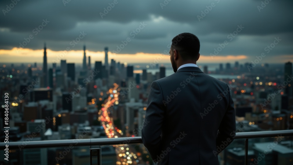 Fototapeta premium A man in a suit stands with his back to the camera, gazing at a blurred cityscape at dusk. A distant glow illuminates the sky, creating a sense of depth. The scene conveys quiet contemplation.