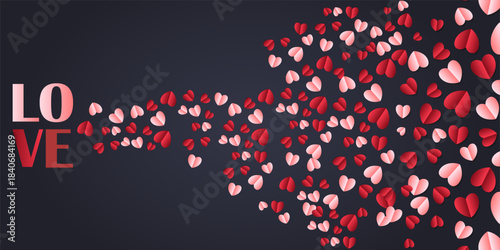Romantic Love Background, Stream of Red and Pink Paper Hearts Flying with Text