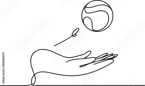 Continuous line art illustration of receiving a ball moving upward in minimal contour drawing