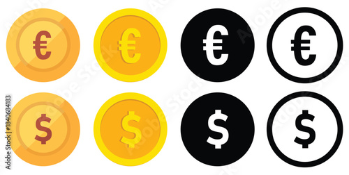 Currency symbols icons set with label. Dollar, Euro, Pound, Rupee, Franc, Ruble, Yen, Won black and white color vector illustration