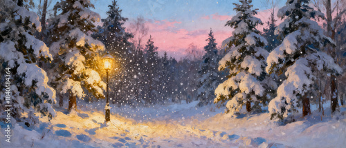 Winter forest landscape with street lamp