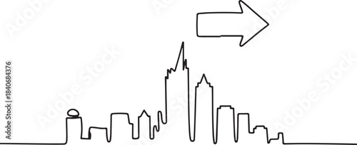 Continuous Line Skyline Transformed into an Arrow Direction Sign Minimal Artistic Illustration