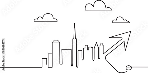 Continuous Line Skyline Turning into an Arrow Direction Sign Minimal Artistic Illustration