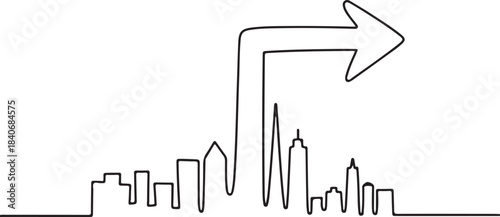 Continuous Line Skyline Transforming into an Arrow Direction Sign Minimal Artistic Illustration