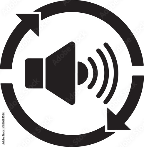 Black speaker icon with sound waves in a circular arrow recycle symbol