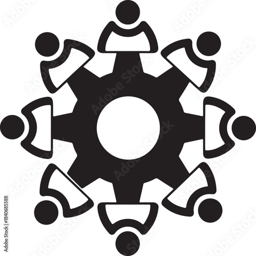 Black and white illustration of people around a gear