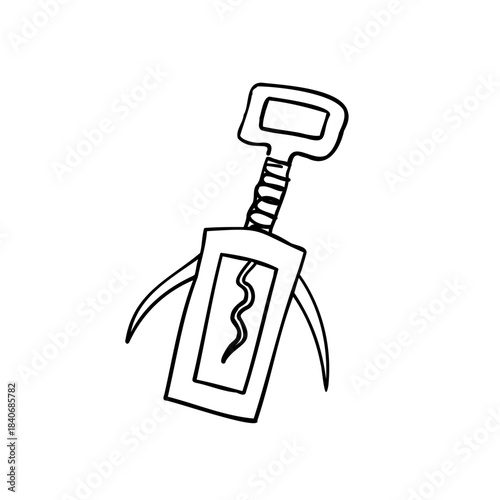 Wine corkscrew linear in sketch style. Bottle opener. Ink doodle on white background. Design element for logo, sign, card, menu. Kitchen and winery. Vector illustration
