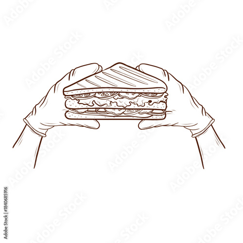 Hands in latex gloves holding a club sandwich. Vector illustration in outline style. The object relates to fast food and service. Suitable for menus, packaging, banners, advertising materials, and