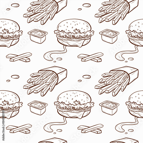 A seamless pattern featuring burgers, fries, sauces, and various fast food elements, created using a digital outline style with subtle etching. This repeating vector background is suitable for menus