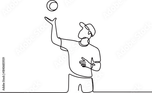 Continuous line art illustration of a server tossing a ball upward in minimal contour drawing