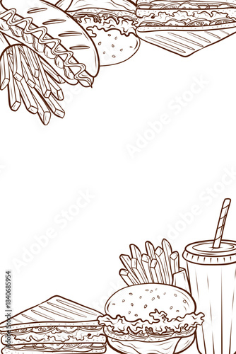 A vertical frame featuring a burger, hot dog, sandwich, fries, and a drink. Vector illustration in outline style. Suitable for menus, posters, banners, advertising layouts, packaging, and corporate