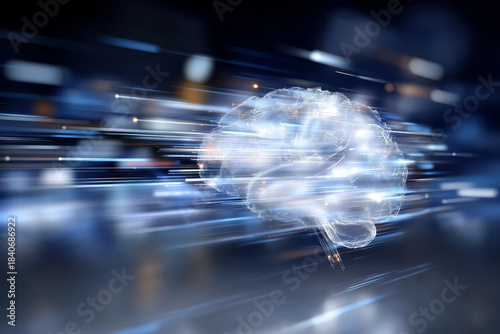 A glowing brain concept illuminates the connection between technology and neuroscience, showcasing the potential of artificial intelligence and machine learning to enhance intelligence