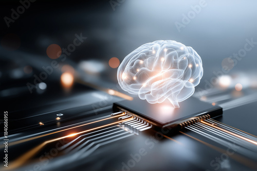 A glowing brain sits on a sleek circuit board, representing the blend of neuroscience and technology. This creative project explores the future of intelligence and machine learning
