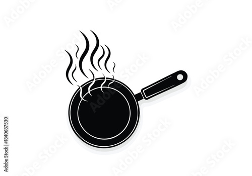 Black frying pan with steam isolated on white background
