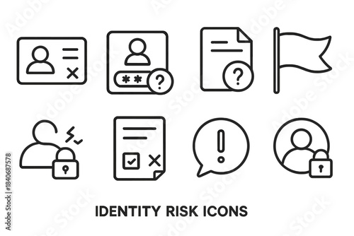 Icons of Security Risks. Identity risk elements linear set: outdated credential card, unknown login attempt, suspicious request note, red flag symbol, privacy breach icon, altered