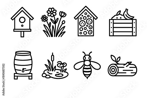 Backyard Ecology Icons. Backyard ecology set linear set: birdhouse, native flower patch, insect hotel, compost pile, rain barrel, small pond, pollinator bee, garden log habitat.