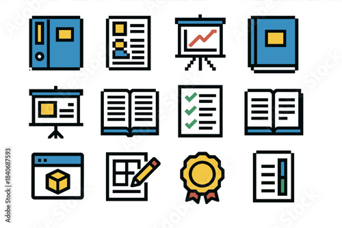Training Materials Icons. Training Course Materials set of icons in flat pixel vector style: course binder, lesson plan sheet, instructional chart, training manual, presentation