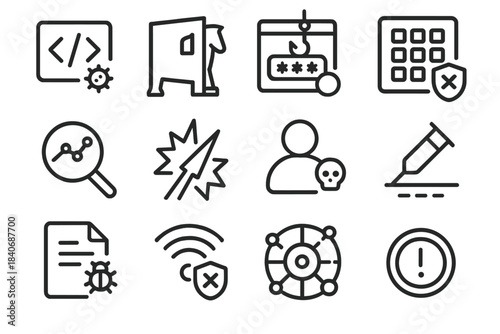 Cybersecurity Threat Icons. Digital Attack Vectors linear set: malicious code block, Trojan door, deceptive login page, brute-force keypad, packet sniff trace, exploit spike,